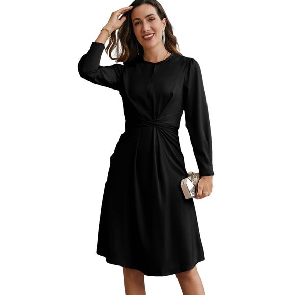 Black Twist Front Tie Back Long Sleeve Satin Dress - Picture 4 of 16